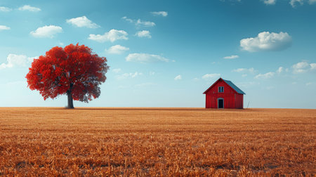 Autumn Harmony: Red Barn in Open Field.の素材