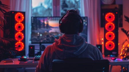 A person wearing headphones is sitting in front of a computer screen, focused on the task at hand.の素材