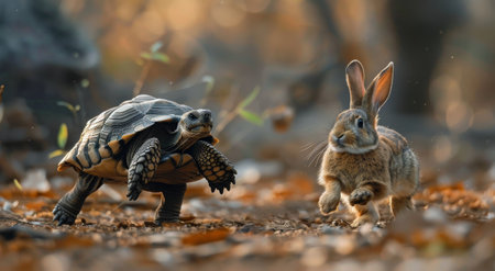 Two rabbits are actively chasing a turtle on the ground. The rabbits are in pursuit of the turtle in a dirt field.の素材