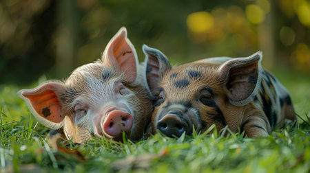 Two small pigs are comfortably laying on top of a pile of wood.の素材