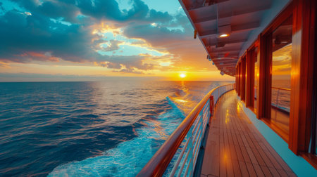 The deck of a cruise ship under a colorful sunset sky, with passengers relaxing, taking photos, and enjoying the view.の素材
