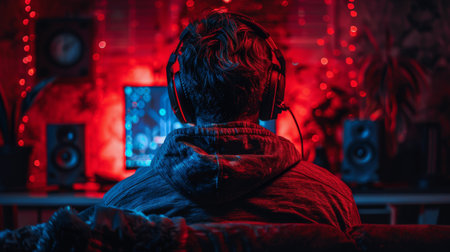 A person is sitting in front of a glowing red traffic light.の素材
