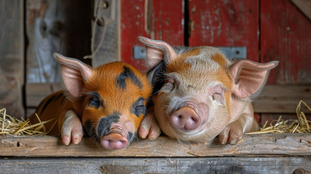 Two small pigs are lying down comfortably on a bed of hay in a farmyard.の素材