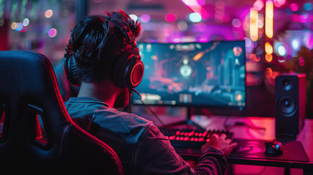 A person wearing headphones is sitting in front of a computer screen, focused on the task at hand.の素材