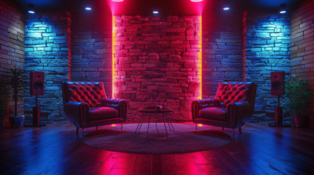 A room featuring two chairs against a brick wall.の素材