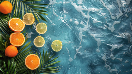 Assorted oranges and lemons placed neatly on a table.の素材