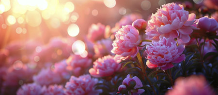 Many pink flowers grow in a field under the clear blue sky.の素材