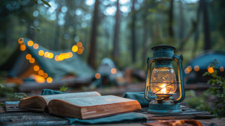 A tent is set up on the shore of a lake, surrounded by water and trees.の素材