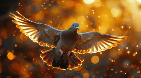 A blue bird is soaring gracefully over a tree abundant with red berries.の素材