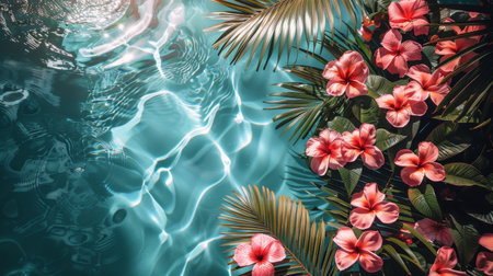 A pool brimming with clear water and vibrant pink flowers floating on the surface.の素材
