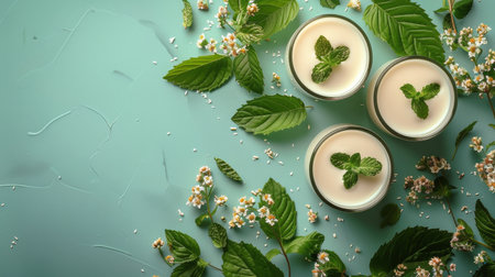 Three glasses filled with milk adorned with fresh mint leaves, set against a vibrant blue background.の素材