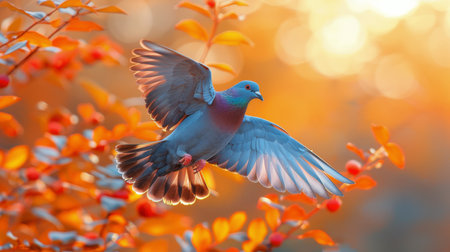 A blue bird is soaring gracefully over a tree abundant with red berries.の素材