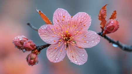 A pink flower covered with glistening drops of water, reflecting light and adding a fresh, dewy look.の素材