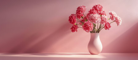 A vase filled with pink carnations against a soft pink background, showing natural beauty and simplicity.の素材