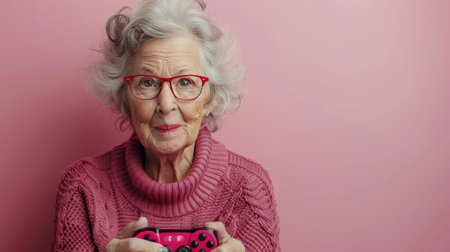 An elderly woman, dressed in a pink sweater, holding a pink cup in her hands.の素材