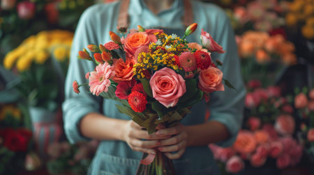 A woman holding a colorful bouquet of flowers in her hands, showing vibrant blooms and greenery.の素材