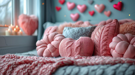 A bed covered with an abundance of pillows and blankets creating a cozy and inviting sleeping environment.の素材