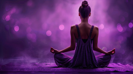 A woman sits cross-legged in a lotus position against a vibrant purple backdrop.の素材