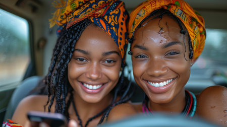 Two women are sitting in the back seat of a car, smiling joyfully.の素材