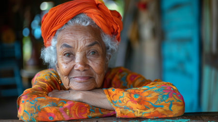 An older woman with white hair wears a scarf around her neck.の素材
