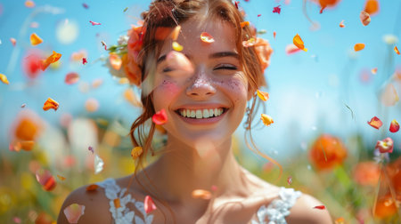 A cheerful young girl smiles as she joyfully throws confetti in the air.の素材