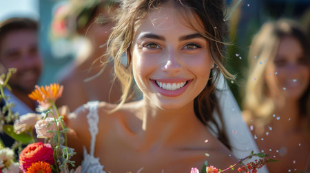 A cheerful young girl smiles as she joyfully throws confetti in the air.の素材