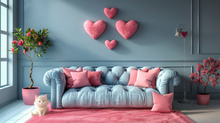 A modern living room featuring a sleek white couch and a vibrant pink rug, creating a chic and inviting space.の素材