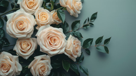 A group of white roses with vibrant green leaves in a garden setting.の素材