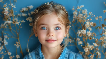 A young female child with striking blue eyes wearing a blue shirt.の素材