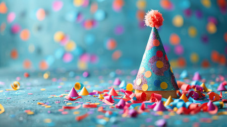A vibrant party hat lies amidst colorful confetti and streamers, creating a festive atmosphere.の素材