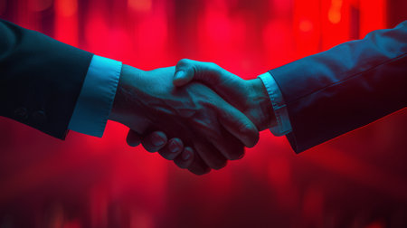 A close-up view of two individuals engaging in a handshake, symbolizing a gesture of agreement, partnership, or greeting.の素材