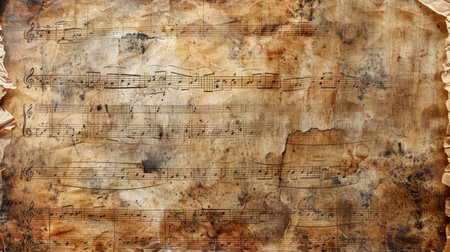 An old sheet of paper covered in intricately written music notes, showing a piece of music history.の素材