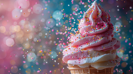 A vibrant pink ice cream cone covered in colorful sprinkles.の素材