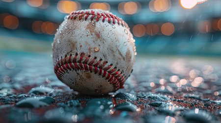 A baseball ball rests motionless on a rain-soaked baseball field, surrounded by droplets of water.の素材