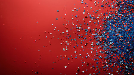 Red, white, and blue confetti scattered on a vibrant red background creating a festive and colorful scene.の素材