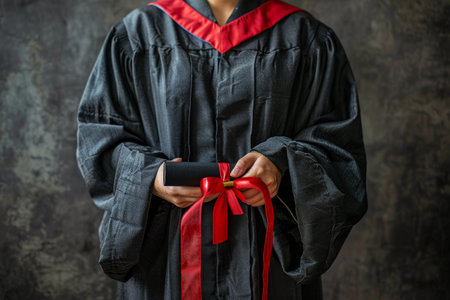 A person wearing a graduation gown holds a diploma in their hands, celebrating their academic achievement.の素材