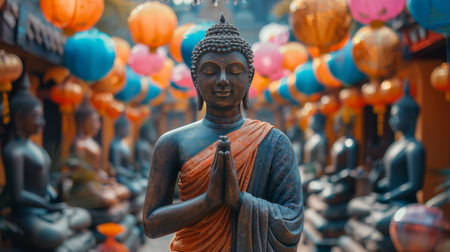 A Buddha statue seated in front of a cluster of colorful balloons, creating a juxtaposition of spiritual calmness and festive cheer.の素材