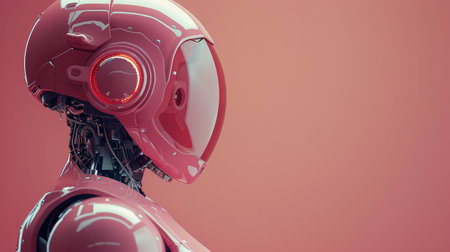 A pink robot stands with a red helmet on its head, showing a futuristic and colorful design.の素材
