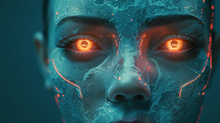 A womans face is shown with eyes glowing an intense orange color, creating a striking and mysterious look.の素材