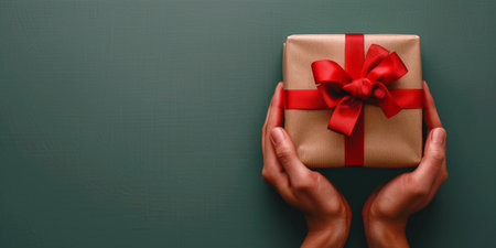 A person holds a gift box wrapped in festive paper and topped with a bright red bow.の素材