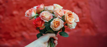 A person holding a bouquet of red roses in their hand.の素材
