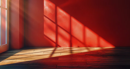 A room showcasing a vibrant red wall contrasted with a warm wooden floor.の素材