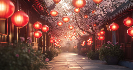lanterns lined up on the pathway.の素材