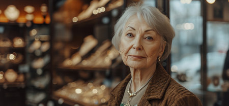 an older woman is standing in a jewelry store.の素材