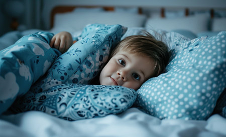 a little boy laying in bed with blue and white pillows around his head.の素材