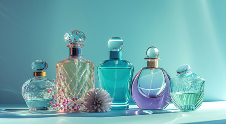 different perfume bottles are located on a blue background.の素材