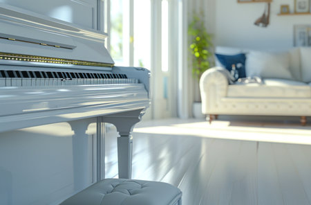 an upright piano and foot pedal set in a living room.の素材