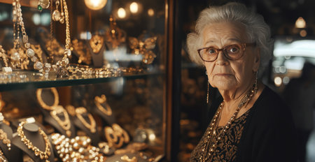 an older woman is standing in a jewelry store.の素材