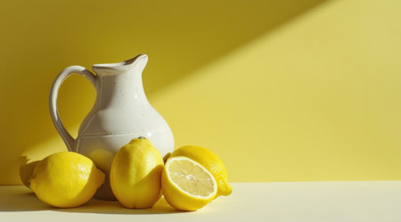 lemons and pitcher against a yellow background.の素材