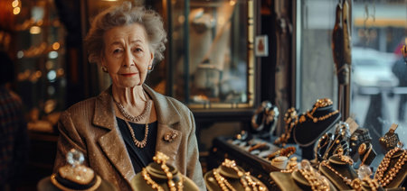 an older woman is standing in a jewelry store.の素材